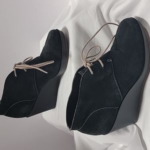 Cole Haan Nike Air Black Leather Lace Up Wedge Booties